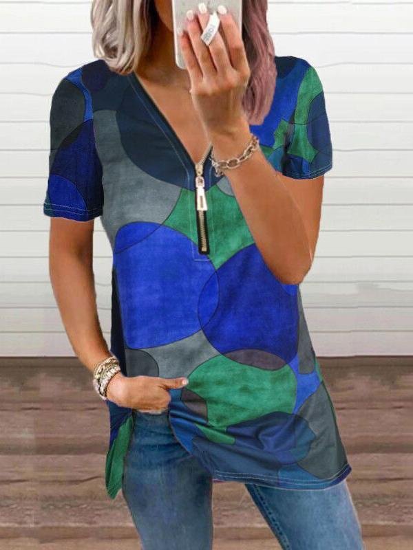 Dot Print Zipper V-neck Short Sleeves T-shirt - LuckyFash™