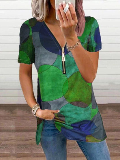 Dot Print Zipper V-neck Short Sleeves T-shirt - LuckyFash™