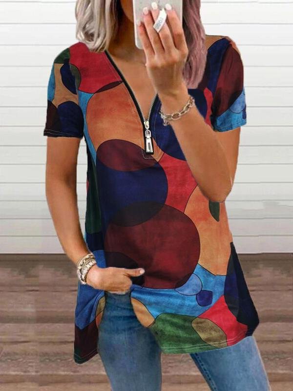 Dot Print Zipper V-neck Short Sleeves T-shirt - LuckyFash™