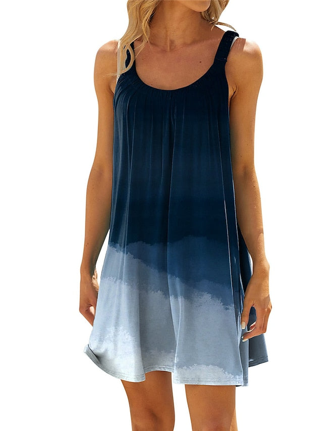 Women's Beach Dress Beach Wear Mini Dress Print Tropical Fashion Ombre Spaghetti Strap Sleeveless Loose Fit Outdoor Daily Light Blue Navy Blue 2023 Summer Spring S M L XL - LuckyFash™