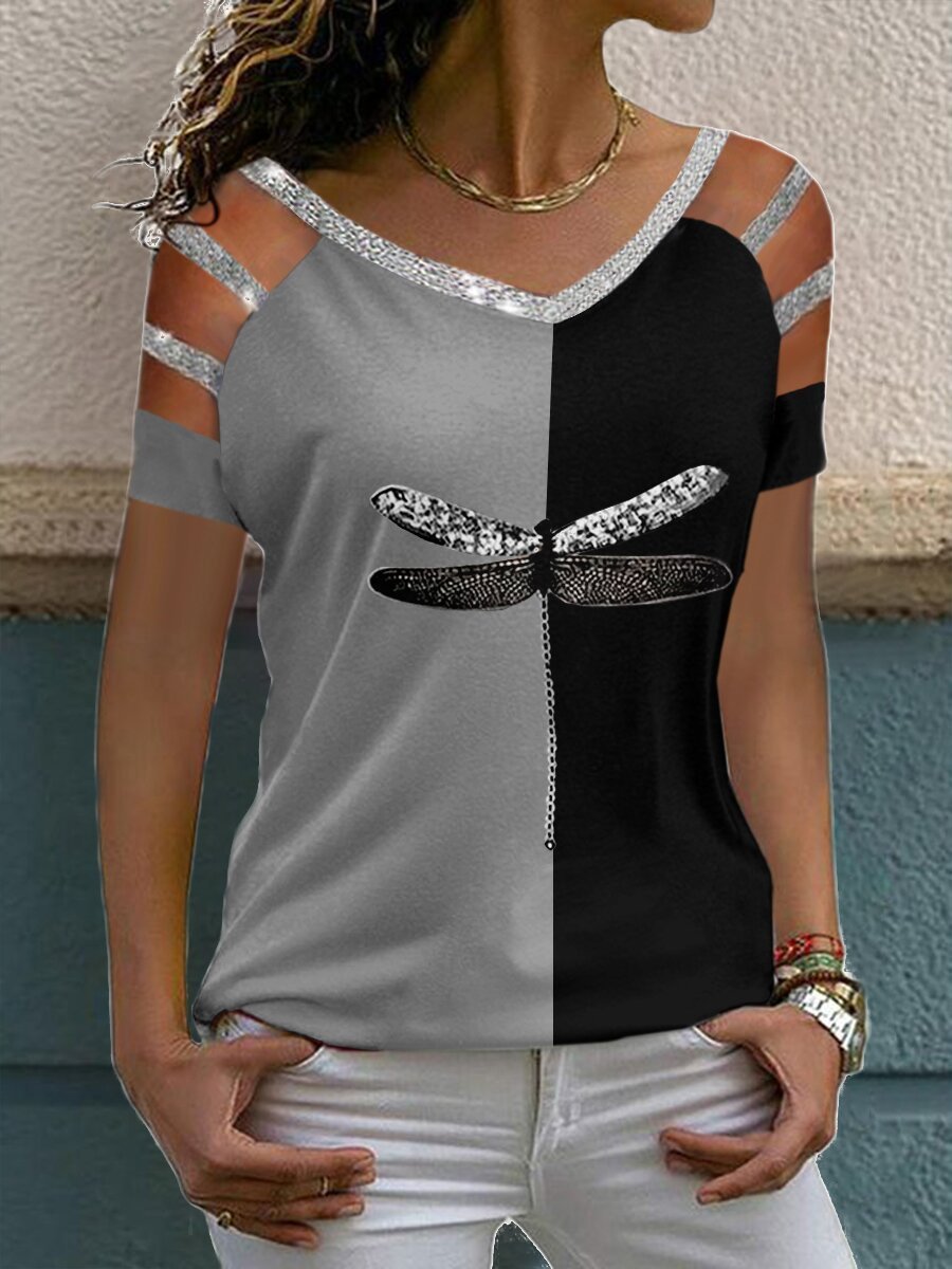 Dragonfly Print Short Sleeve V-Neck T-Shirt - LuckyFash™