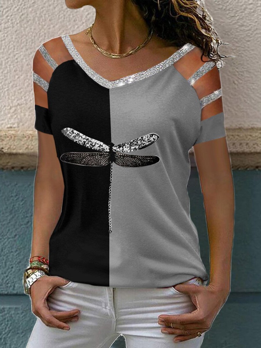 Dragonfly Print Short Sleeve V-Neck T-Shirt - LuckyFash™