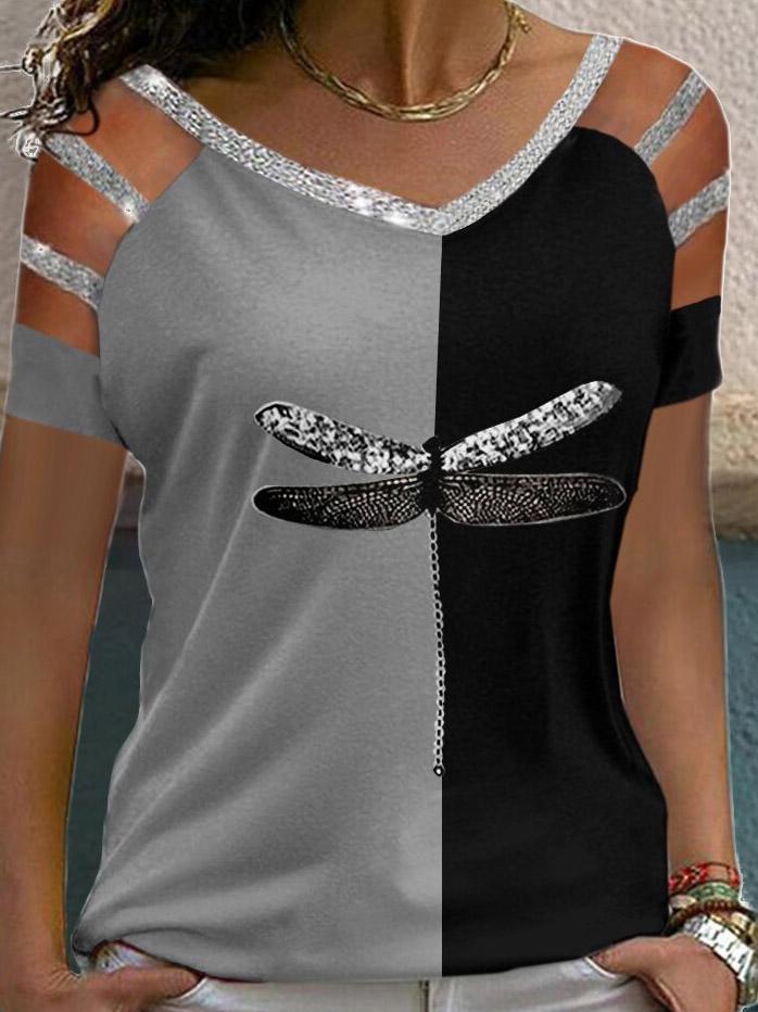Dragonfly Print Short Sleeve V-Neck T-Shirt - LuckyFash™