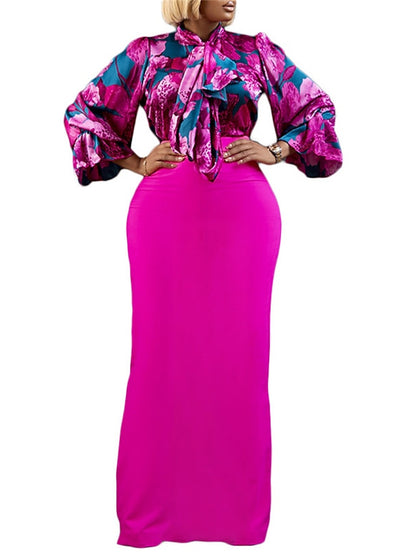 Women's Work Dress Two Piece Dress Sheath Dress Long Dress Maxi Dress Pink Blue Fuchsia Long Sleeve Floral Lace up Winter Fall Spring Stand Collar Fashion 2023 S M L XL 2XL 3XL - LuckyFash™