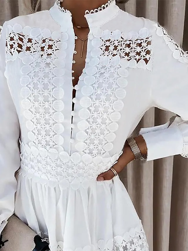 Women's A Line Dress Mini Dress White Long Sleeve Pure Color Lace Summer Spring Stand Collar Fashion Winter Dress Fall Dress 2023 S M L XL XXL 3XL - LuckyFash™