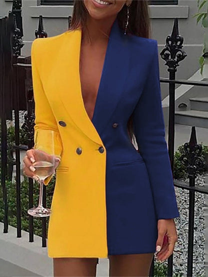 Women's Work Dress Blazer Dress Black Yellow Red Long Sleeve Color Block Patchwork Fall Winter Turndown Fashion 2023 S M L XL XXL 3XL - LuckyFash™