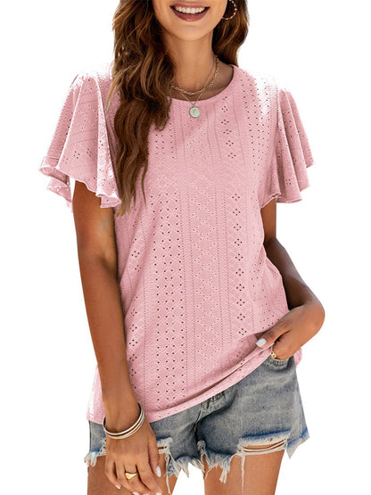 Women’s T-Shirts Hollow Ruffle Sleeve Casual Round Neck T-Shirt - LuckyFash™