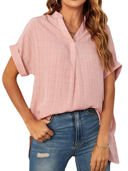 Blouses V-Neck Thin Loose Plaid Short-Sleeved Blouse - LuckyFash™