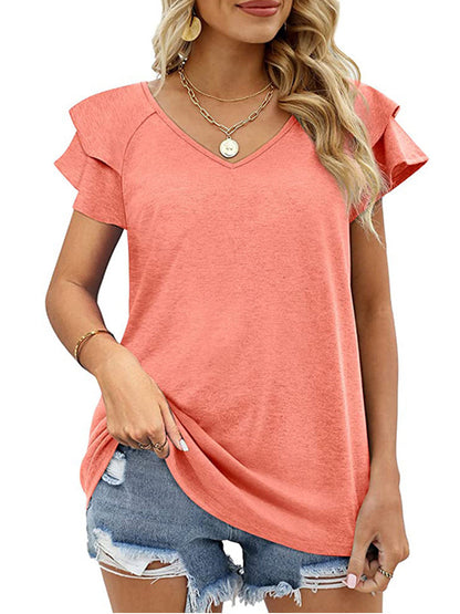 Women’s T-Shirts Solid Color V-Neck Ruffled Sleeves Loose T-Shirt - LuckyFash™