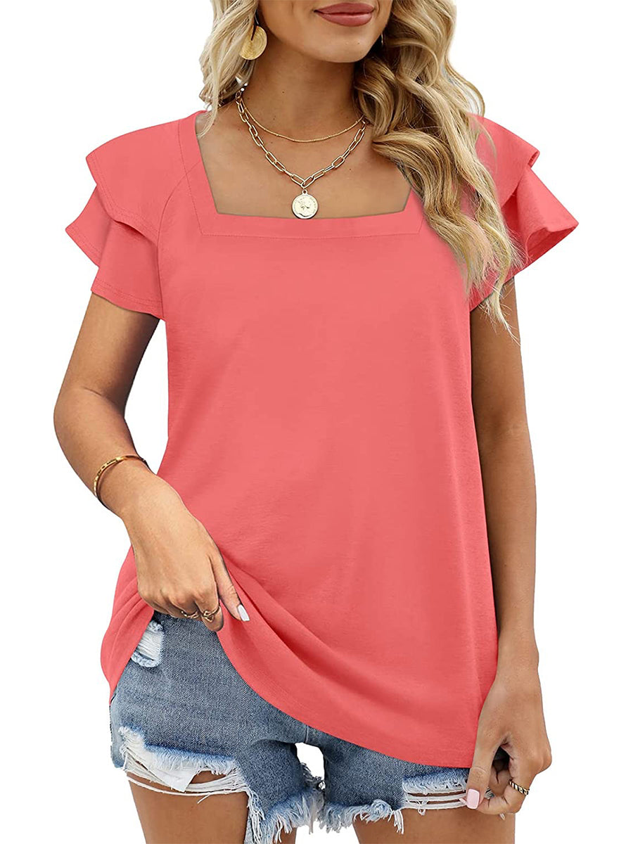 Women’s T-Shirts Solid Color Square Neck Double Layer Petal Sleeve T-Shirt - LuckyFash™