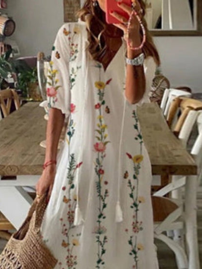 Women's A Line Dress Maxi long Dress White Half Sleeve Floral Print Spring Summer V Neck Fashion Modern 2023 3XL - LuckyFash™