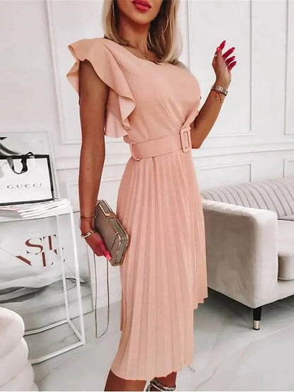 Women's Work Dress Semi Formal Dress Fashion Midi Dress Ruffle Crew Neck Short Sleeve Plain Regular Fit Pink Fuchsia Orange Spring Summer S M L XL XXL - LuckyFash™