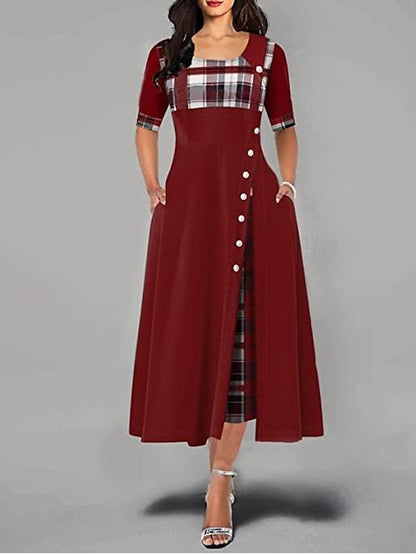 Women's Work Dress Swing Dress Plaid Dress Midi Dress Black Yellow Wine Half Sleeve Plaid Patchwork Summer Spring Crew Neck Modern Winter Dress Office Birthday 2023 S M L XL XXL 3XL 4XL 5XL - LuckyFash™