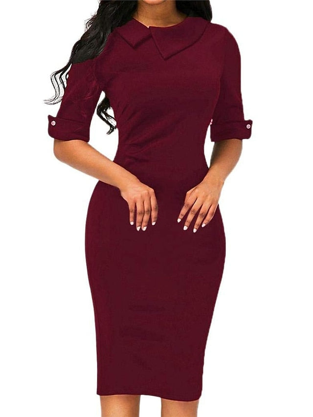 Women's Work Dress Sheath Dress Black Dress Fashion Midi Dress Button Lapel Half Sleeve Plain Slim Black Wine Navy Blue Summer Spring S M L XL XXL - LuckyFash™