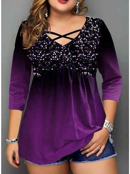 Women's Blouse Purple Color Gradient 3/4 Length Sleeve Vacation Weekend Basic V Neck Cotton Plus Size XL - LuckyFash™