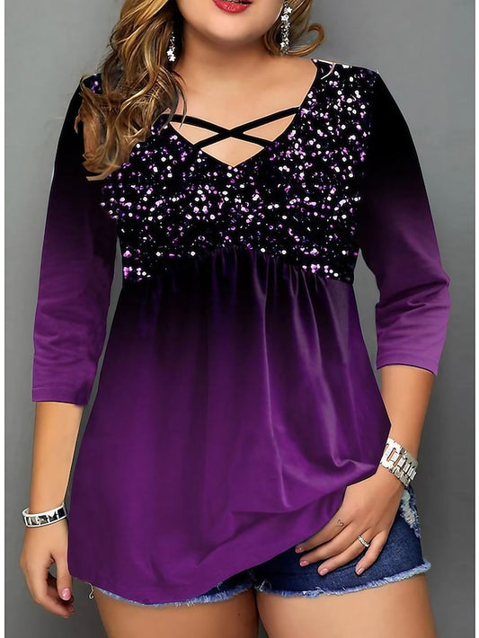 Women's Blouse Purple Color Gradient 3/4 Length Sleeve Vacation Weekend Basic V Neck Cotton Plus Size XL - LuckyFash™