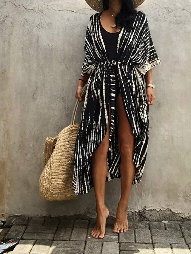 Women's Beach Dress Beach Wear Long Dress Maxi Dress Lace up Basic Casual Tie Dye Open Front 3/4 Length Sleeve Loose Fit Outdoor Daily Black White 2023 Summer Spring One Size - LuckyFash™