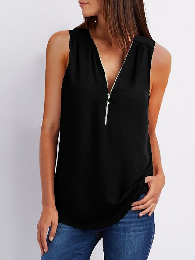 Zipper Up Tunic Vest Summer Casual Short Sleeve V Neck Half Tops Blouse for Women - LuckyFash™