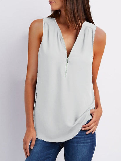 Zipper Up Tunic Vest Summer Casual Short Sleeve V Neck Half Tops Blouse for Women - LuckyFash™