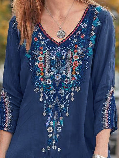 Embroidery Print 3/4 Sleeve V-neck Shirt - LuckyFash™