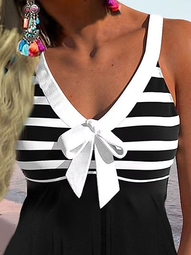 Women's Beach Dress Beach Wear Mini Dress Print Fashion Modern Stripe V Neck Sleeveless Regular Fit Daily Vacation Black 2023 Summer Spring S M L XL - LuckyFash™