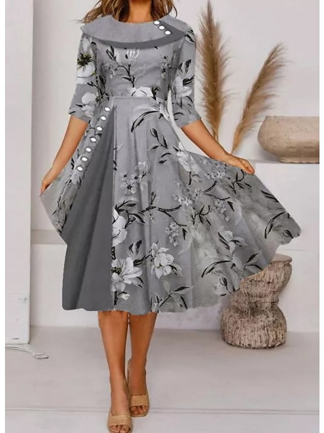 Womenâ€˜s A Line Dress Knee Length Dress Gray Half Sleeve Floral Print Spring Summer Crew Neck Elegant Casual 2023 S M L XL XXL 3XL - LuckyFash™