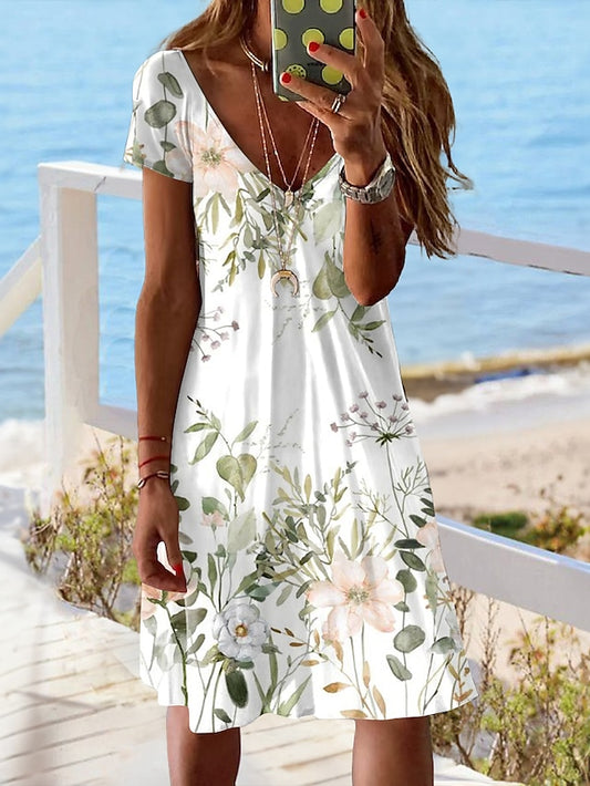 Women's Casual Dress Summer Dress Print Dress Floral Print V Neck Mini Dress Active Fashion Outdoor Daily Short Sleeve Regular Fit Orange Green Summer Spring S M L XL XXL - LuckyFash™