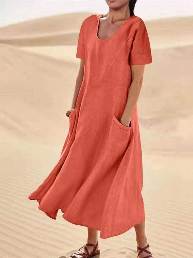 Cotton Linen Dress Casual Dress Swing Dress Maxi long Dress Linen Cotton Blend Fashion Classic Outdoor Daily Vacation Crew Neck Pocket Short Sleeve Summer Spring  Loose Fit Black Pink Sky for Women - LuckyFash™