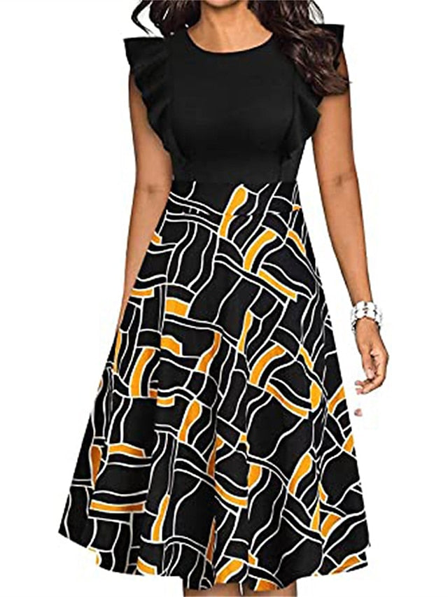 Women's Work Dress Semi Formal Dress Fashion Midi Dress Ruffle Print Crew Neck Short Sleeve Floral Stripe Slim White Yellow Pink Summer Spring S M L XL XXL - LuckyFash™