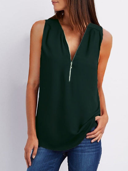 Zipper Up Tunic Vest Summer Casual Short Sleeve V Neck Half Tops Blouse for Women - LuckyFash™