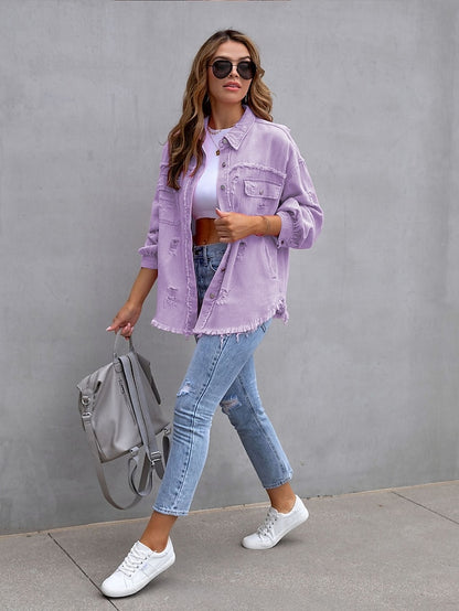 Shacket Pink Purple Orange Plain Button Pocket Long Sleeve Casual Daily Basic Shirt Collar Regular Denim S for Women - LuckyFash™