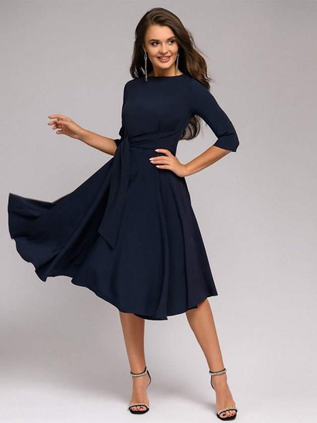 Women's A Line Dress Knee Length Dress Dark Green Navy Blue Beige 3/4 Length Sleeve Pure Color Lace up Fall Spring Round Neck Stylish Elegant Casual Party Slim 2023 S M L XL XXL - LuckyFash™