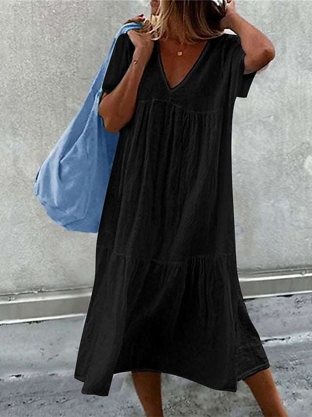 Women's Casual Dress Summer Dress Plain Dress Plain Ruched Patchwork V Neck Midi Dress Basic Modern Outdoor Daily Short Sleeve Loose Fit Black White Pink Summer Spring S M L XL XXL - LuckyFash™