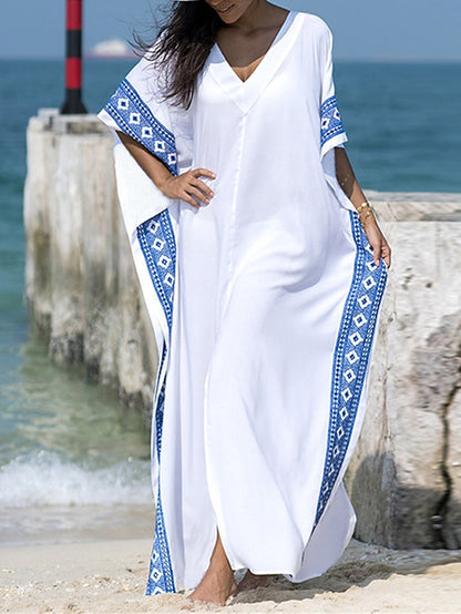 Women's Kaftan Dress Cover Up Beach Wear Long Dress Maxi Dress Split Print Basic Casual Geometric V Neck Half Sleeve Loose Fit Outdoor Daily White 2023 Summer Spring One Size - LuckyFash™