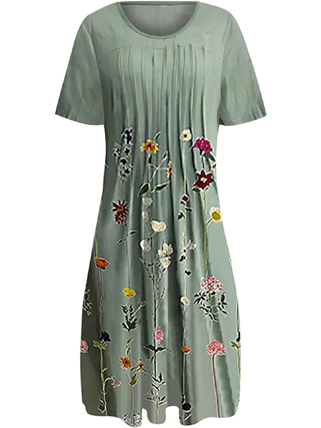 Women's Casual Dress T Shirt Dress Tee Dress Shift Dress Midi Dress Blue Green Short Sleeve Floral Ruched Summer Spring Crew Neck Basic Daily Weekend 2023 S M L XL XXL 3XL - LuckyFash™