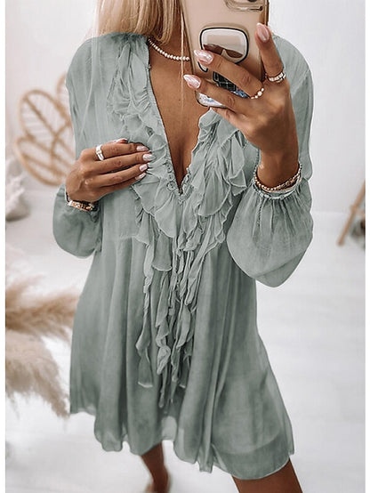 Women's Chiffon Dress Knee Length Dress Pink Gray Long Sleeve Solid Color Ruffle Summer Spring V Neck Casual Winter Dress Fall Dress 2023 S M L XL XXL - LuckyFash™