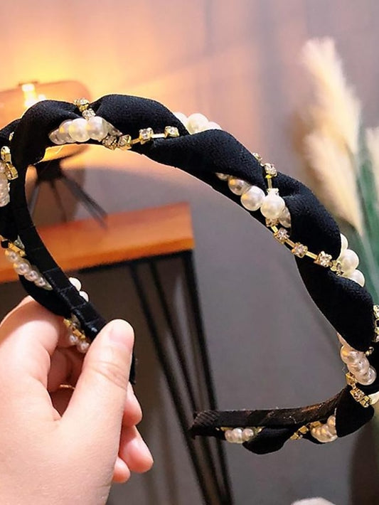 1PC Women's Girls' Headbands Headband For Wedding Party Evening Crossover Pearl Fabric Pink Pearl Braid Headband Beige Pearl Braid Headband Black Pearl Braid Headband - LuckyFash™