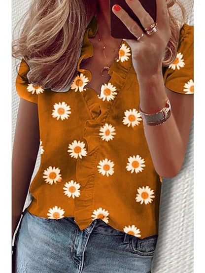 Women's Shirt Blouse Black White Yellow Daisy Ruffle Print Short Sleeve Casual Holiday Basic V Neck Regular Floral S - LuckyFash™