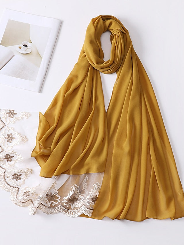 1pcs Lace Hijab For Women Bubble Chiffon Scarf Muslim Long Shawl Plain Turban HeadWraps Headband - LuckyFash™