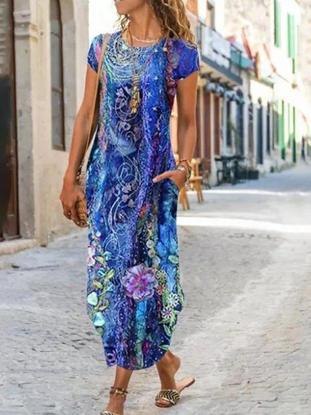 Womenâ€˜s A Line Dress Maxi long Dress Blue Short Sleeve Floral Pocket Print Summer Round Neck Casual 2023 S M L XL XXL 3XL - LuckyFash™