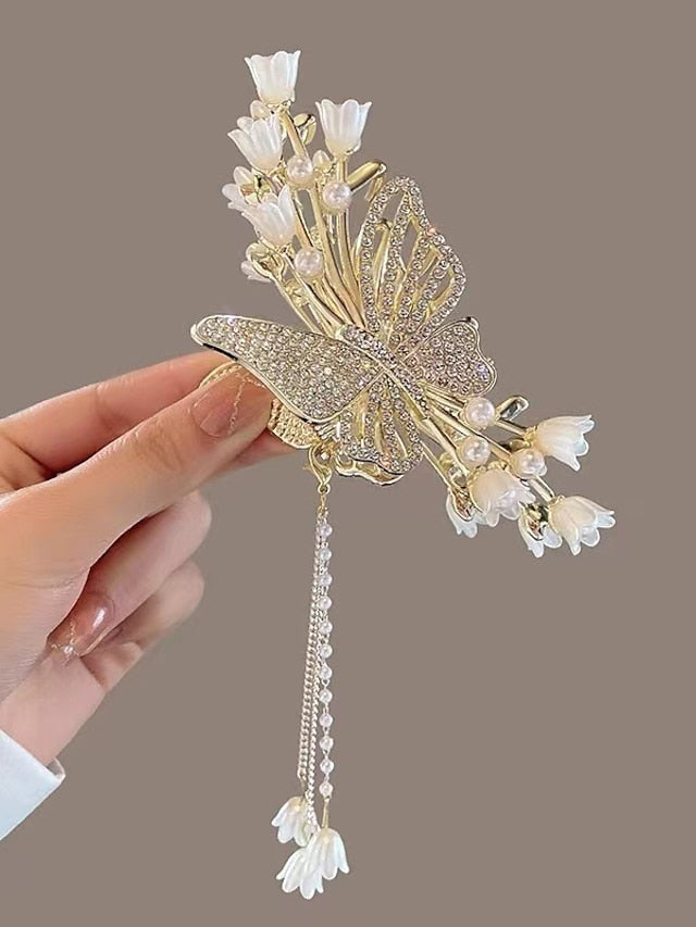 1PC Women's Hair Claws Hair Claw For Wedding Party Evening Birthday-Glitter Imitation Pearl Rhinestone Alloy Metal Bell Orchids Gold Fashion Nonslip - LuckyFash™