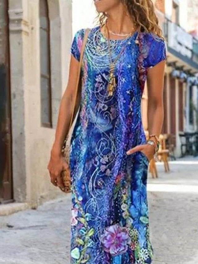 Womenâ€˜s A Line Dress Maxi long Dress Blue Short Sleeve Floral Pocket Print Summer Round Neck Casual 2023 S M L XL XXL 3XL - LuckyFash™