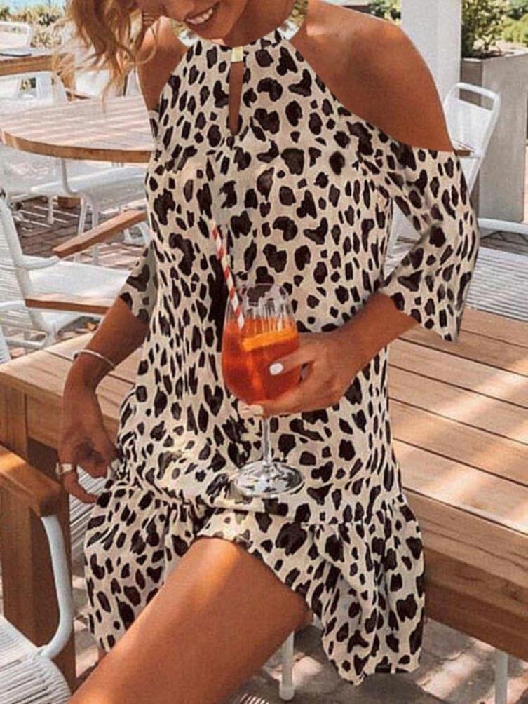 Fashion Middle-sleeve Leopard Print Halterneck Dress - LuckyFash™