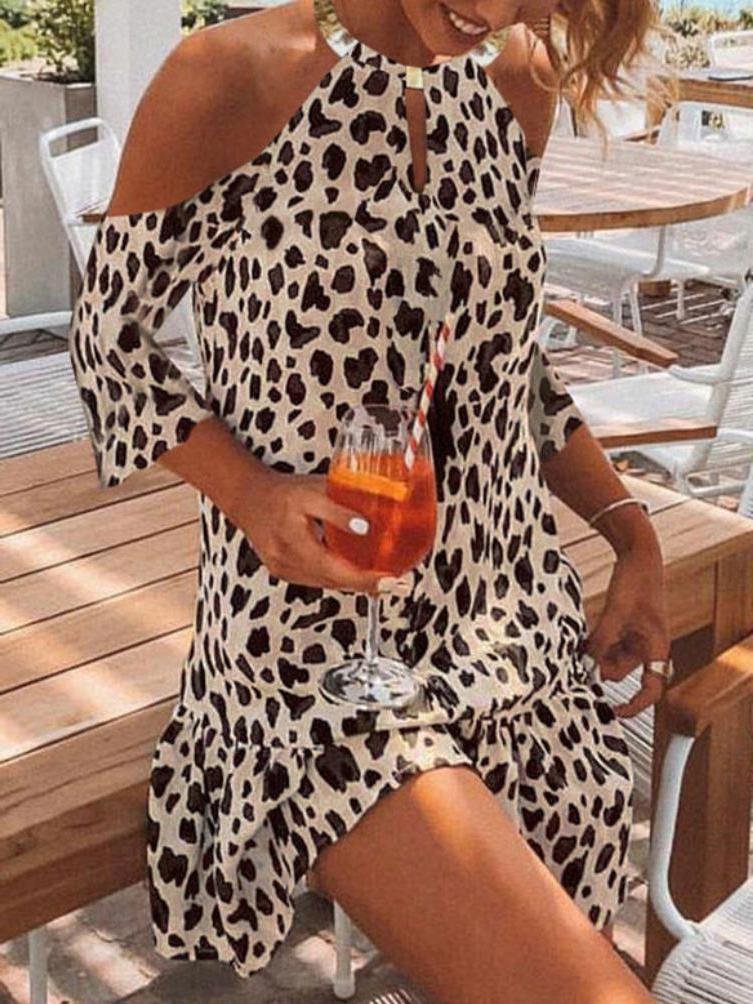 Fashion Middle-sleeve Leopard Print Halterneck Dress - LuckyFash™