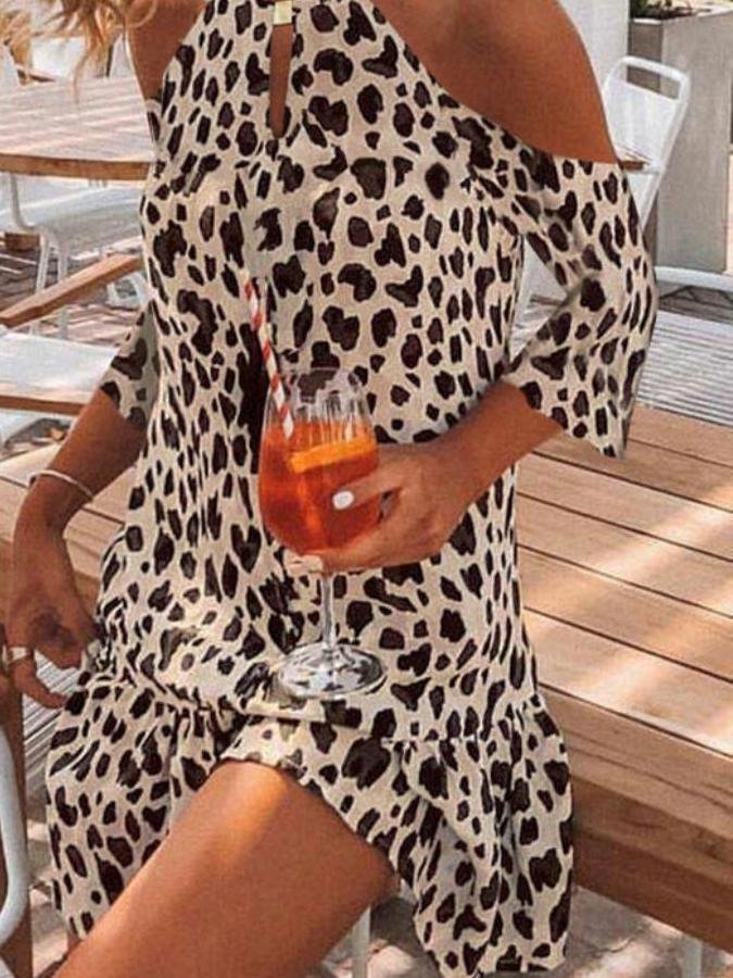 Fashion Middle-sleeve Leopard Print Halterneck Dress - LuckyFash™