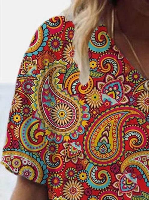 Fashion Paisley Print V-neck T-shirt - LuckyFash™