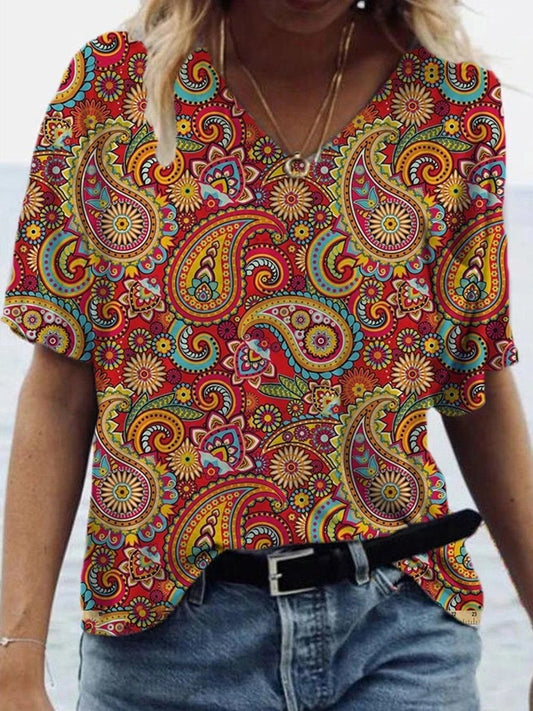 Fashion Paisley Print V-neck T-shirt - LuckyFash™