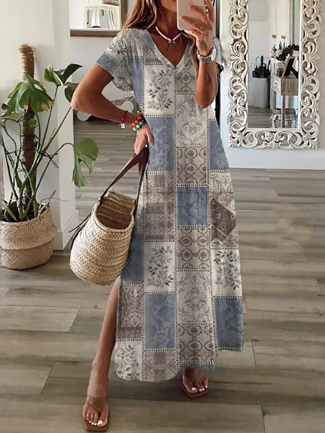 Women's A Line Dress Long Dress Maxi Dress Blue Short Sleeve Print Split Spring Summer V Neck Casual Loose Fit 2023 S M L XL XXL 3XL - LuckyFash™