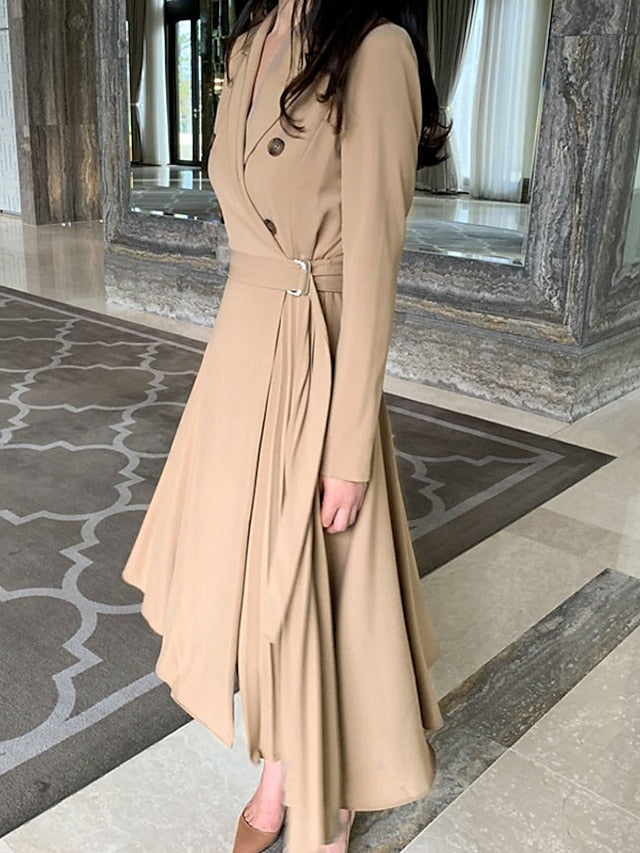 Women's Work Dress Blazer Dress Midi Dress Midi Dress Black Wine khaki Long Sleeve Pure Color Pleated Winter Fall Autumn Shirt Collar Elegant Winter Dress Fall Dress 2023 S M L XL 2XL 3XL - LuckyFash™