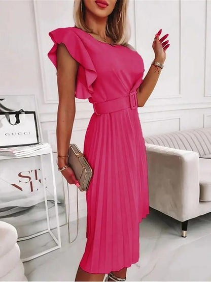 Women's Work Dress Semi Formal Dress Fashion Midi Dress Ruffle Crew Neck Short Sleeve Plain Regular Fit Pink Fuchsia Orange Spring Summer S M L XL XXL - LuckyFash™